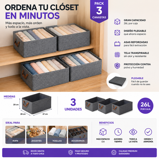 Pack 3 Canastas Organizadoras Plegables