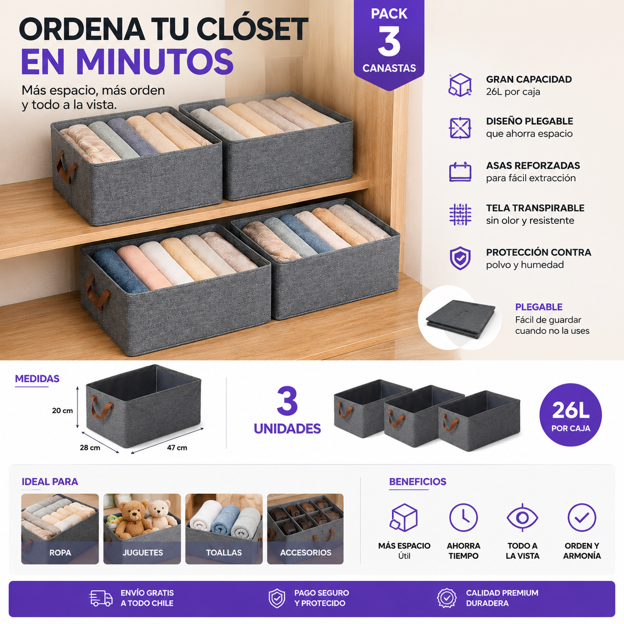 Pack 3 Canastas Organizadoras Plegables